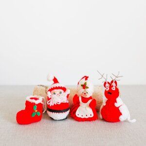 Vintage Yarn Ornaments Santa with Mrs. Claus, Reindeer and Stocking - Set of 4